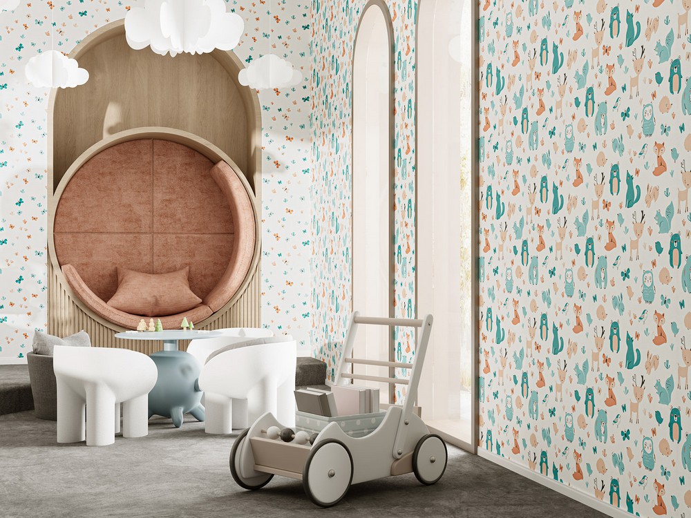 Обои «Уик-энд» для детской: звёздочки и корги в нежных тонах