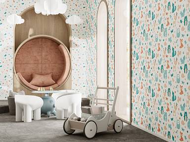 Обои «Уик-энд» для детской: звёздочки и корги в нежных тонах